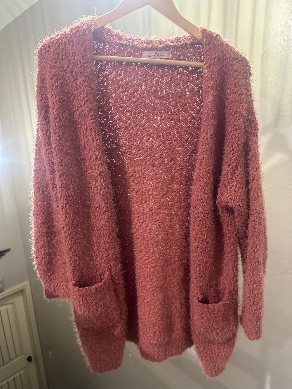 Love Tree Dusty Rose Fuzzy Open-Front Cardigan